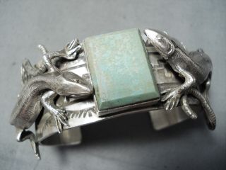 Signed Double Lizard Vintage Navajo Green Turquoise Sterling Silver Bracelet