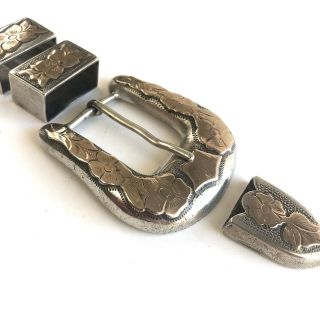 10k Gold Sterling Silver Ranger Belt Buckle Engraved Western Cowboy Vtg Mexico