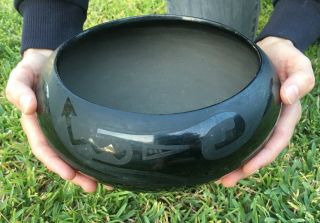 Fine San Ildefonso Blackware Pot Signed Juanita Montoya Pena Water Serpent 9.  5 "