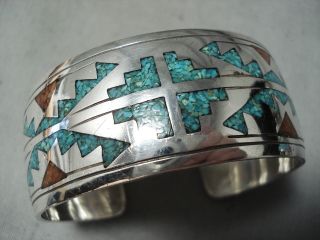 Authentic Vintage Navajo Turquoise Coral Sterling Silver Thick Bracelet