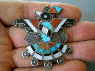 Old Native American Multi - Stone Inlay Sterling Silver Peyote Bird Pendant Pin