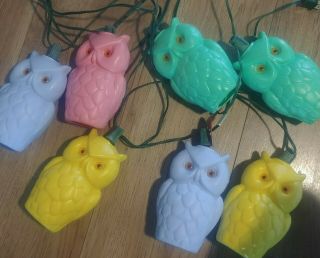 Vintage String Of 7 Blow Mold Plastic Owls Patio Rv Camping Party Lights Set