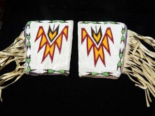 Fully Beaded Vintage Gros Ventres Indian N.  Plains Cuffs - Flat Stitch - Mintt