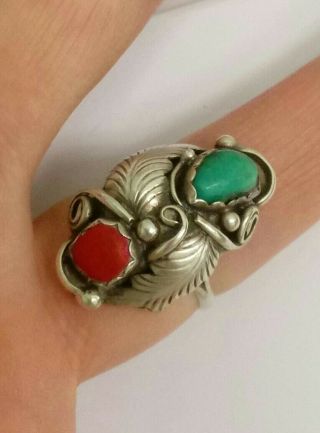 Vintage Sterling Silver Turquoise Coral Navajo Ring Sze 7.  5 Signed " B " Arrowhead