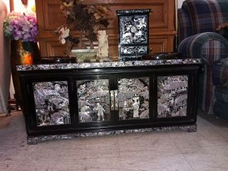 Black Lacquer Mother Of Pearl Inlay Chest/ Trunk Cabinet Bench