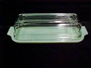 Vtg Fireking Jadite Butter Dish W/crystal Clear Glass Cover 1/4 Stick Authentic
