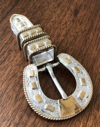 Vtg Sterling Silver & Gold Engraved 4 Piece Set Western Ranger Buckle Belt