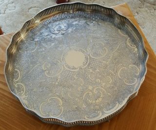 Large Round Silver Plate On Copper Vintage Gallery Tray By Sheffield Silverware