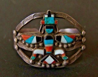 Vintage Zuni Silver Stone On Stone Inlay Knifewing Bracelet
