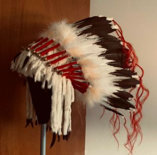 Native American Indian Made Feather And Ermine Headdress Warbonnet