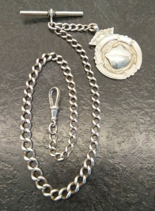 Antique Sterling Silver Graduated Curb Link Albert Pocket Watch Chain & Fob.