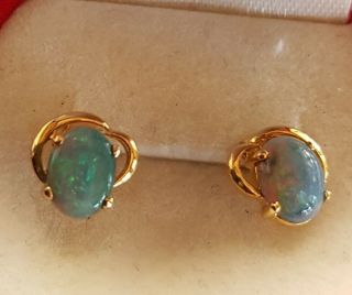 Vintage 1970 ' s 9ct or 14k Yellow Gold Solid Opal Stud Earrings 1.  6 grm not scrap 2