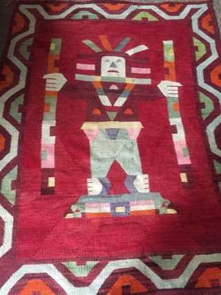 Hand Woven Wool Rug Native American Indian 55”w X 72.  5”l Red,  Center Figure