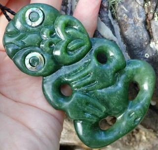 Large One Of Kind Nz Greenstone Pounamu Nephrite Jade Paua Eyed Maori Hei Tiki