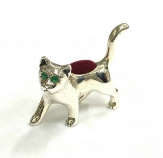 Victorian Style Walking Cat With Emerald Eyes Pin Cushion 925 Sterling Sewing