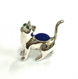 Victorian Style Cat Looking Up With Emerald Eyes Pin Cushion 925 Sterling Sewing