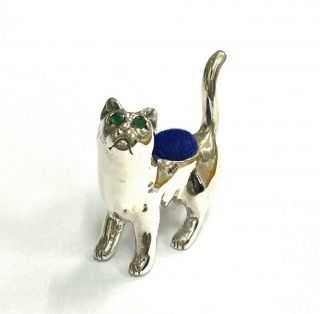 Victorian Style Cat Looking Up with Emerald Eyes Pin Cushion 925 Sterling Sewing 2