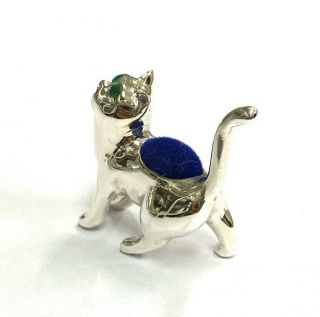 Victorian Style Cat Looking Up with Emerald Eyes Pin Cushion 925 Sterling Sewing 3
