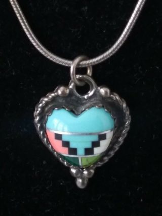 Vtg.  Turquoise Inlay 925 Sterling Silver Necklace Zuni Navajo (6.  8grams) Signed