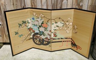 Vintage Japanese Byobu 4 Panel Silk Screen (72in X 36in)
