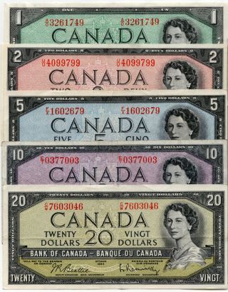 Bank Of Canada 1954 Year Type Set Of Vintage Notes $1 $2 $5 $10 $20