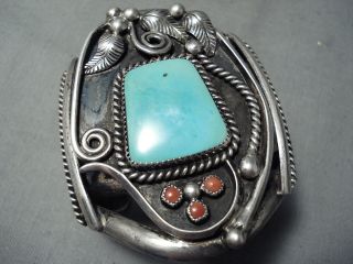 One Of The Biggest Best Vintage Navajo Turquoise Coral Sterling Silver Bracelet