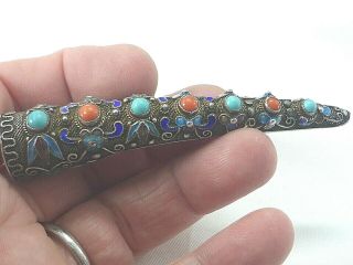 Vintage Chinese Silver Enamel Coral Turquoise Filigree Finger Brooch Pin