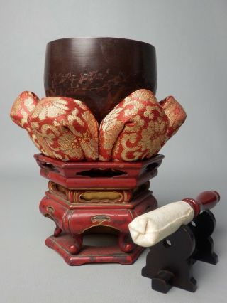 Japanese Vtg W9.  5cm/3.  7” Buddhist Bell Orin Set Singing Bowl Wood Stand Pillow