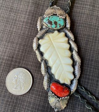 Museum Quality Huge Vintage Dan Simplicio Zuni Bolo Carved Shell Turquoise Coral