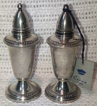Vintage Crown Sterling Silver Salt & Pepper Shakers Set Glass Lined Weighted 925