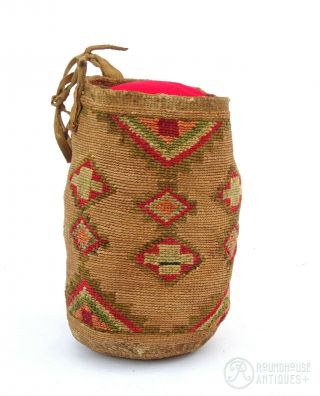 19th C Native American Indian Yakima Nez Perce Corn Husk Sally Bag Wool Columbia