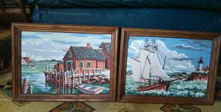 Vintage Framed Paint By Numbers Pictures Sea Shore Landscapes Nautical