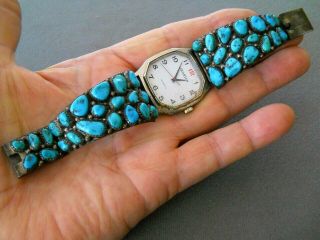 Wilford Nez Native American Turquoise Cluster Sterling Silver Watch Bracelet