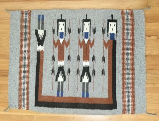 Vintage Navajo Yei Native American Rug Textile Gray Hand Woven Wall Hanging
