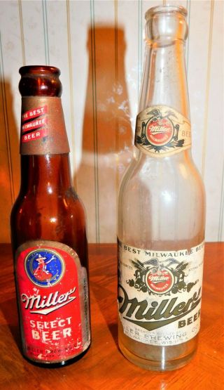 (2) Very Old Irtp Miller Beer Paper Label Bottles 8oz.  & 12oz.  Wow