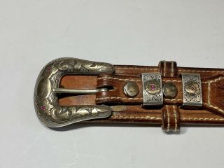 Vintage Western Sterling Silver & 10k Gold 3pc Ranger Belt Buckle Set W Rubies