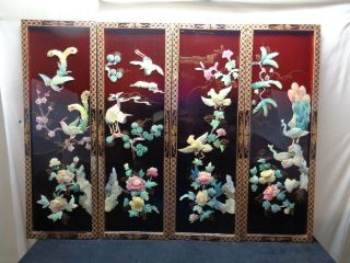 Large Vintage Asian Black Lacquer Pear Shell Wall Panels 3 Feet Tall (oay24)