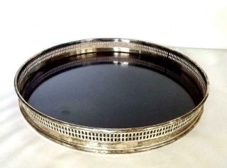 Mid - Century Black Formica Round Serving Tray Pm Italy Silver Plate Vertical Rim