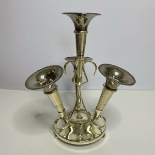 Vintage Epergne Four Silver Plated Metal Horns Vases