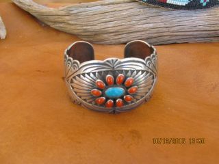 Vintage Native American Navajo Sterling & Turquoise & Coral Cuff By Rew Dineh