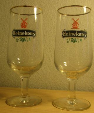 2 Vintage Heineken Beer Glasses Gold Rimmed 7 " Tall Exc Cond No Chips Windmills