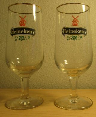 2 vintage Heineken beer glasses gold rimmed 7 