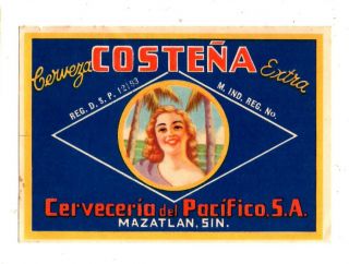 1930s Cerveceria Pacifico Brewery,  Mazatlan,  Sinaloa,  Mexico Constena Beer Label