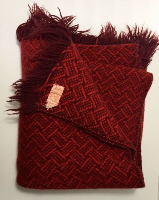 Vintage 1950’s Pendleton Red Maroon Virgin Wool Throw Blanket Fringe 45x50”