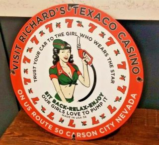 Vintage Texaco Gasoline Porcelain Casino Pin Up Girl Gas Service Pump Plate Sign