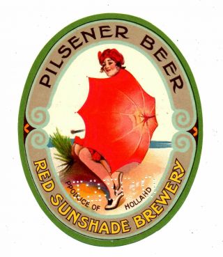 1920s Phoenix Brewery,  Amersfoort,  Holland Red Sunshade Pretty Lady Beer Label