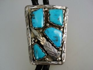 Scarce Vintage Angie Cheama Zuni Sterling Silver & 4 Blue Turquoise Bolo Tie