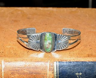 Vintage Native American Navajo Coin Silver And Turquoise Bracelet Cuff