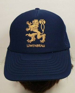 Vtg Lowenbrau Beer Mesh Trucker Cap Baseball Hat Snapback Navy Blue Gold Logo