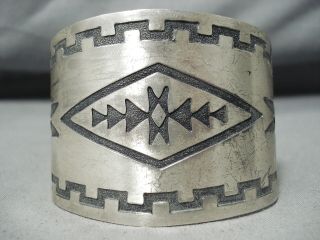 Huge Rug Design Vintage Navajo Hand Tooled Sterling Silver Wide Bracelet